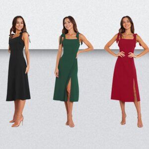 Tie Shoulder Sqaure Neck Dress W/Pockets Solid BLACK ALine Slide Slit Summer XXL